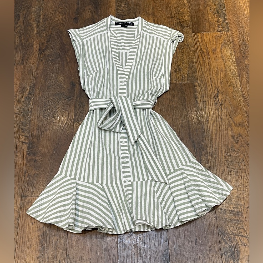 Veronica Beard Avella Green Striped Tie Waist Dress Size 4
